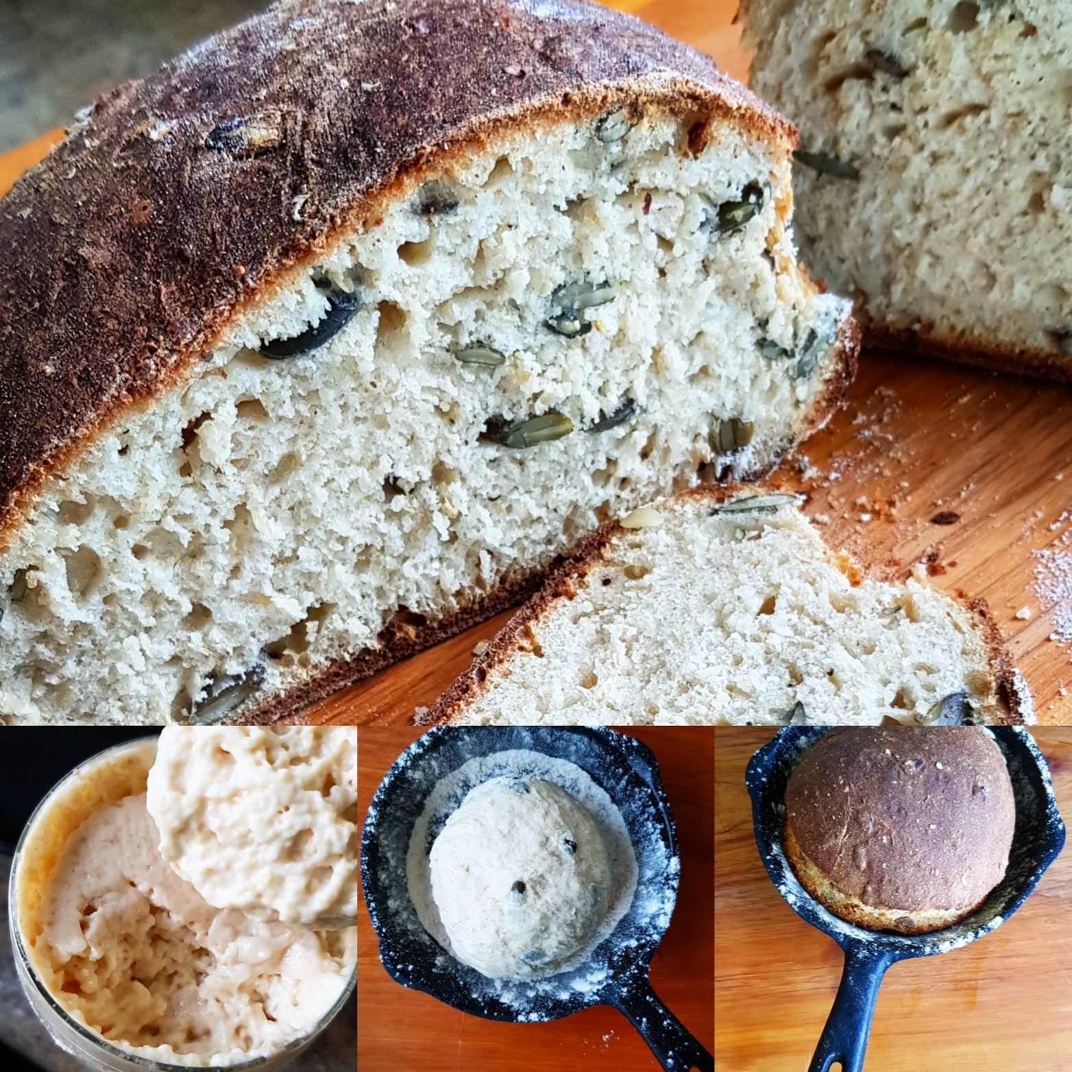 Round loaf of bread with brown crust in iron pan